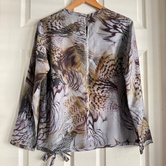size 1 (fits‎ M 8/10) PAUW Amsterdam feather print blouse silk top tie front - Picture 11 of 11